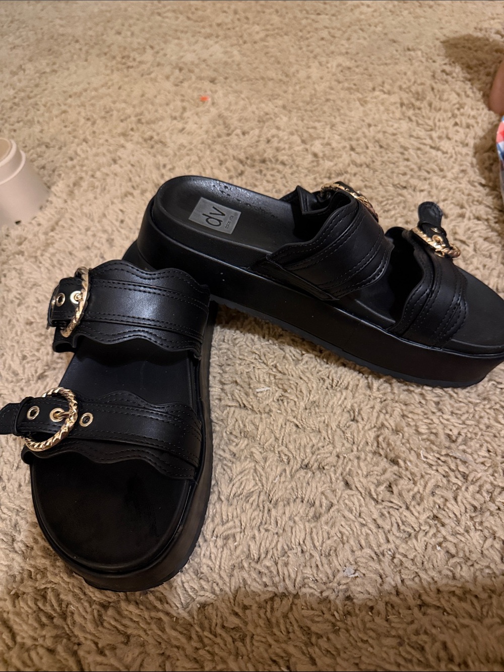 Dolce Vita Black Scalloped Double Strap Slide Sandals with Gold Buckles